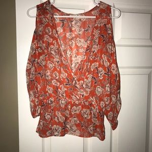Orange Floral Top with Keyhole Sleeves